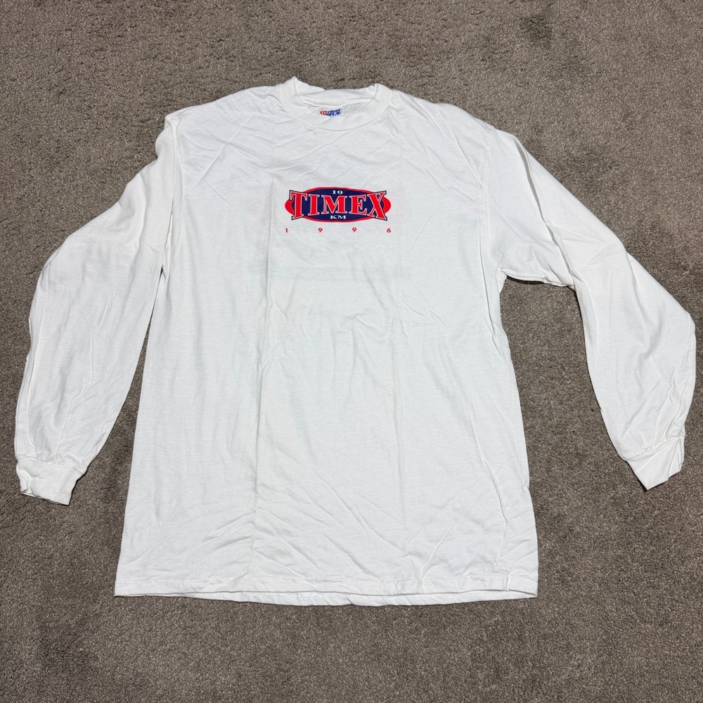 Vintage 1996‎ Timex 10 KM Race Graphic T-Shirt Mens Large Hanes Beefy-T White LS